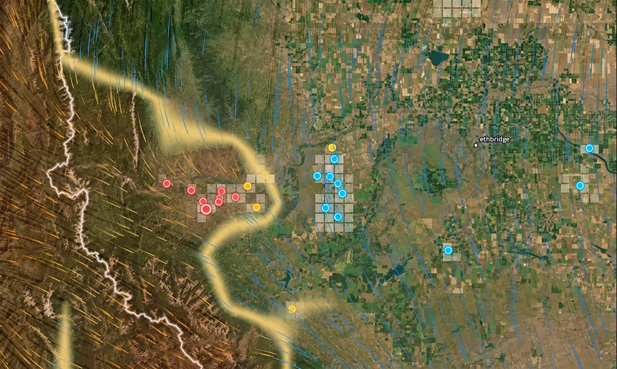 Lasionyx map of southwestern Alberta showing forecast wind flow over the foothills and wind farm locations near Lethbridge
